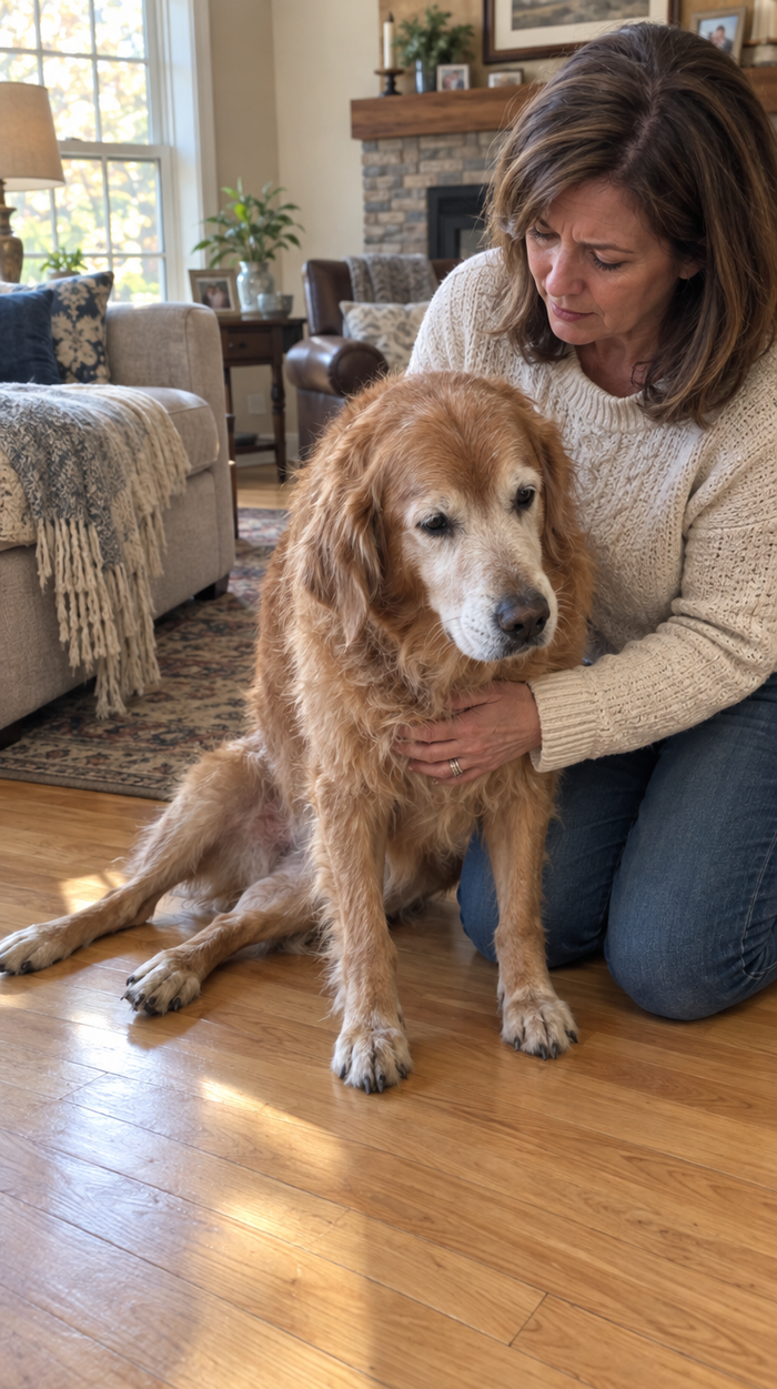 Senior dog struggling to stand on a slippery hardwood floor
