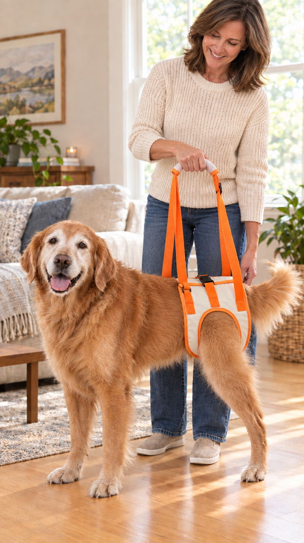 Senior golden retriever standing steady in the Steady Tails rear lift harness while owner holds the handle