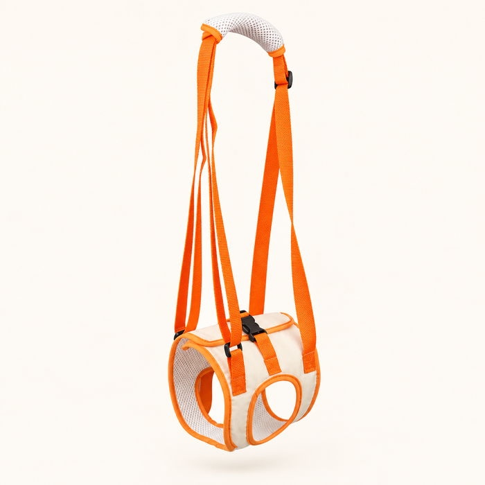 Steady Tails rear lift support harness with padded sling, orange straps and mesh handle