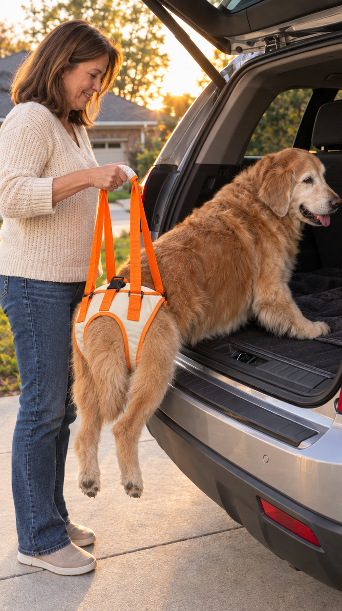 Owner lifting senior dog's back end into an SUV with the harness