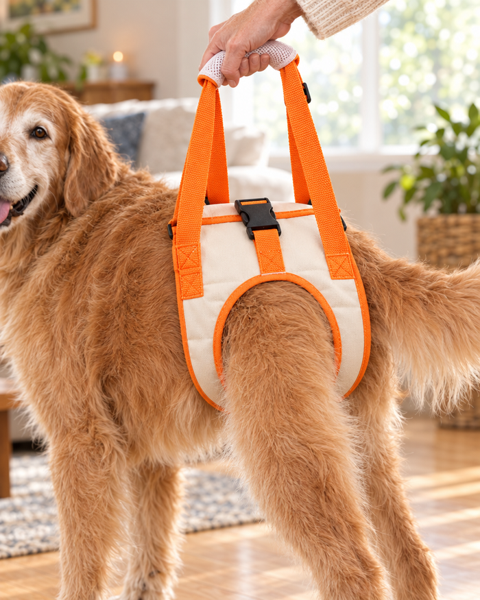 Close-up of harness fit: back legs through padded leg openings, buckle on top