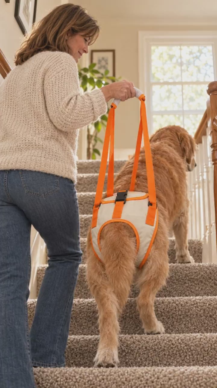 Owner helping a senior dog up the stairs with the rear lift harness